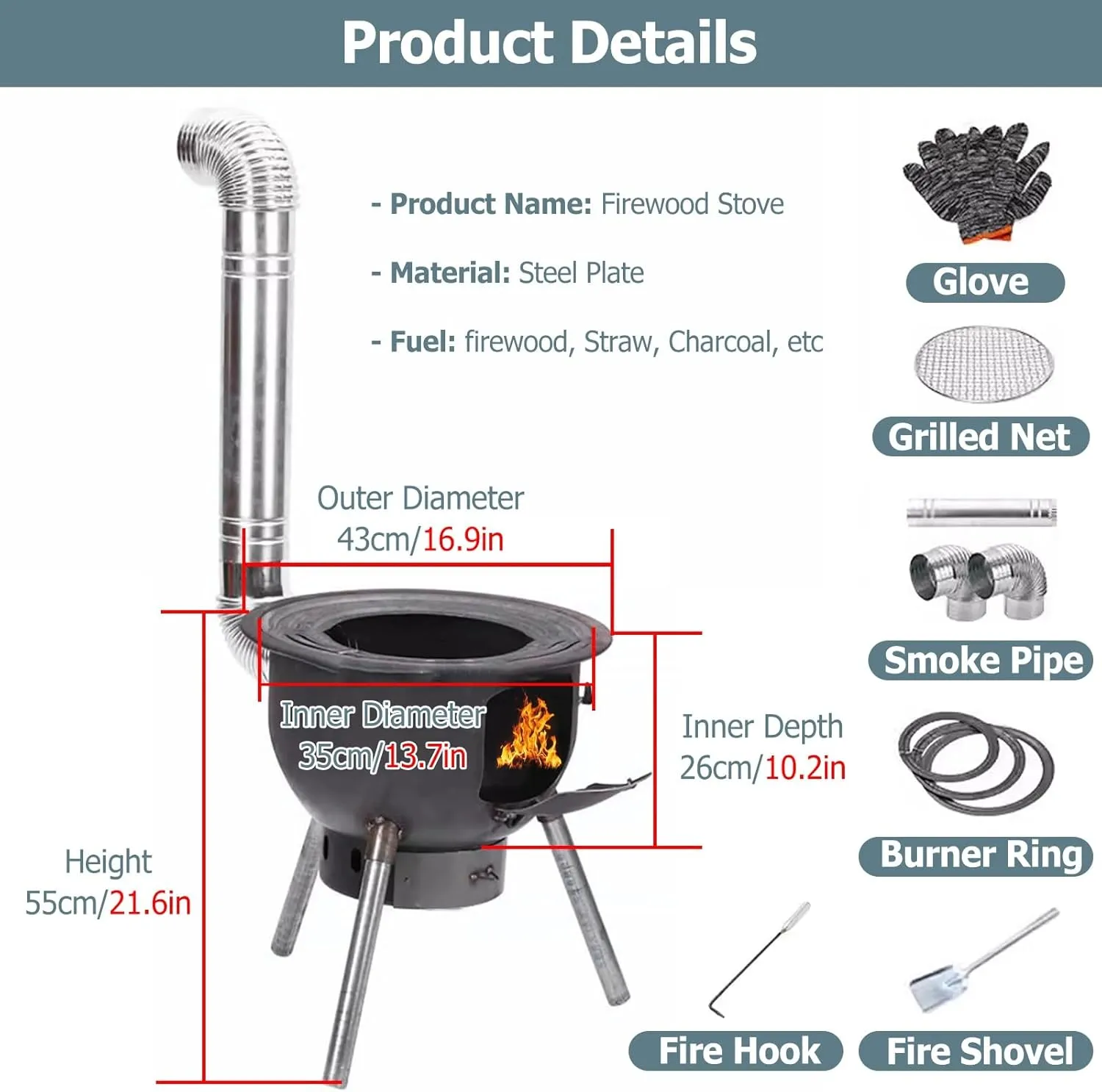 Camping Wood Burning Stove - Firewood Stove Camping with Two Furnace Rings & Removable Ash Pan - Wood Log Burner Stove/Cooking Hob or Grill for Grill, Picnic, Hunting(Outer Diameter 43cm/16.9in)