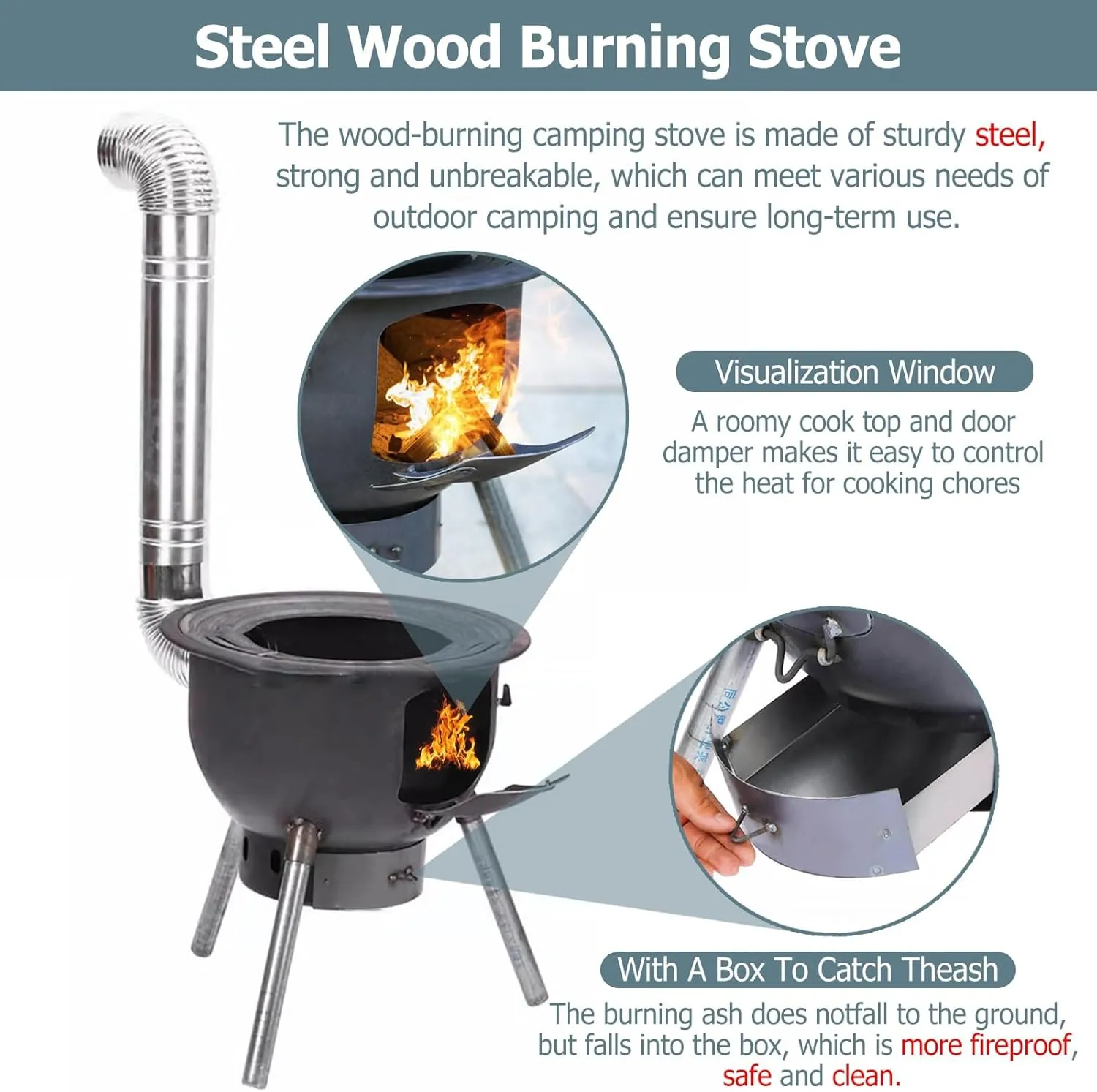 Camping Wood Burning Stove - Firewood Stove Camping with Two Furnace Rings & Removable Ash Pan - Wood Log Burner Stove/Cooking Hob or Grill for Grill, Picnic, Hunting(Outer Diameter 43cm/16.9in)