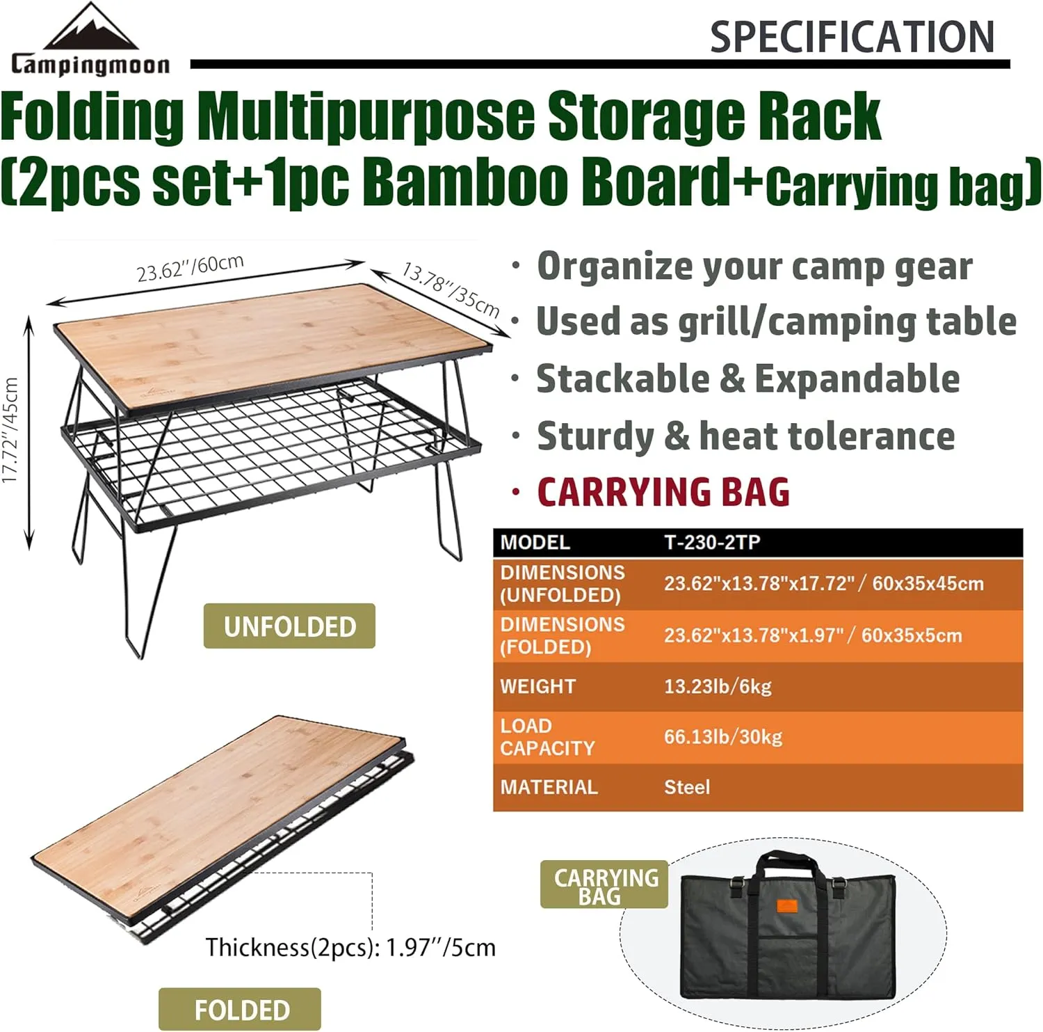CAMPINGMOON Foldable Multipurpose Stacking Storage Rack, Steel Plating Black
