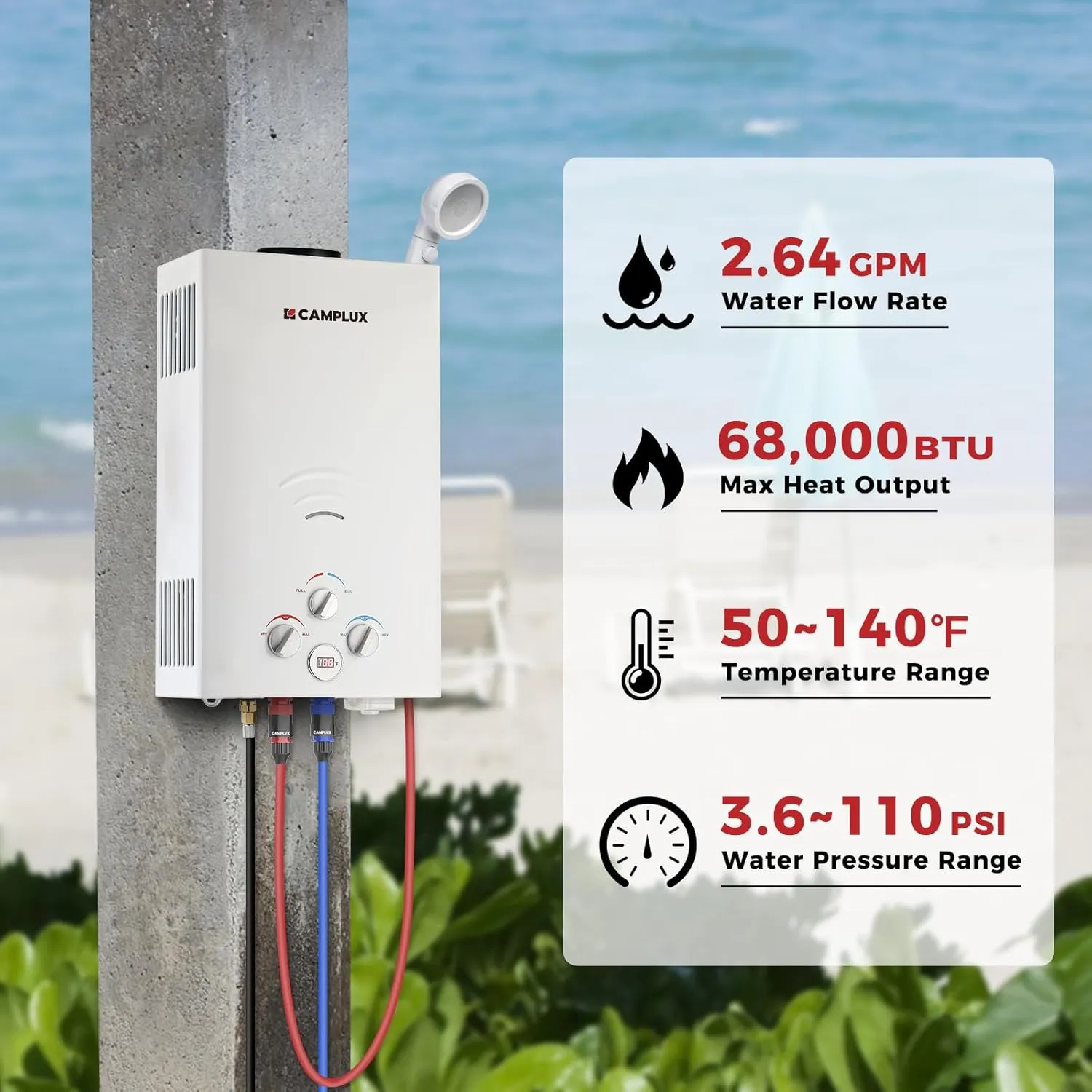 Camplux 10L 2.64GPM Outdoor Portable Propane Tankless Water Heater