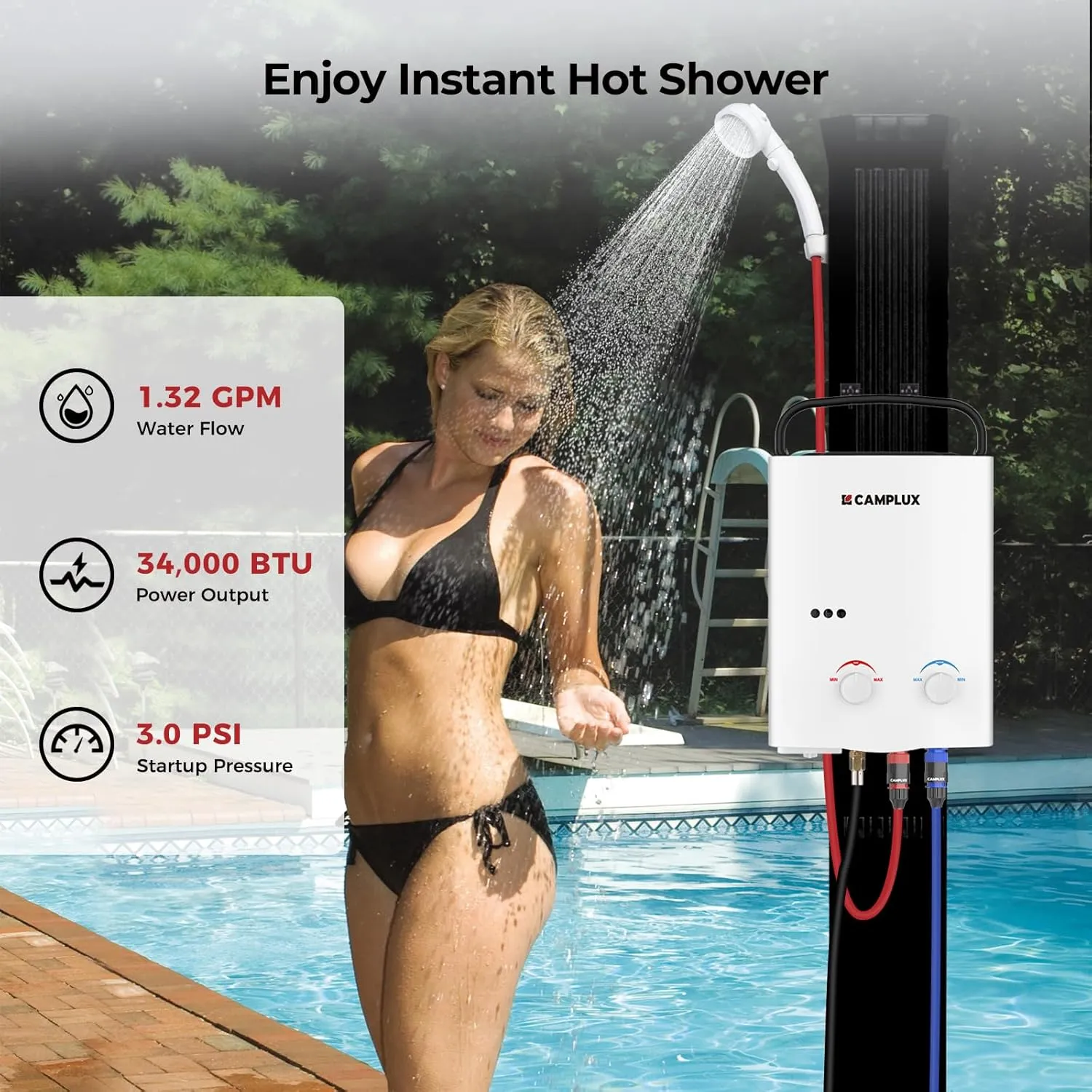 CAMPLUX 5L Outdoor Portable Water Heater, 1.32 GPM Tankless Propane Gas Water Heater for RV, Camping, Barns, White