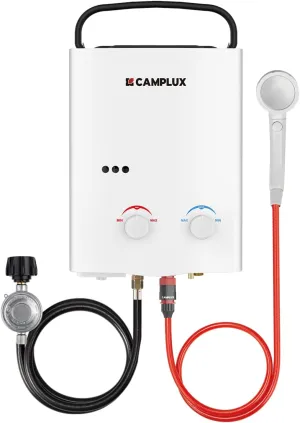 CAMPLUX 5L Outdoor Portable Water Heater, 1.32 GPM Tankless Propane Gas Water Heater for RV, Camping, Barns, White