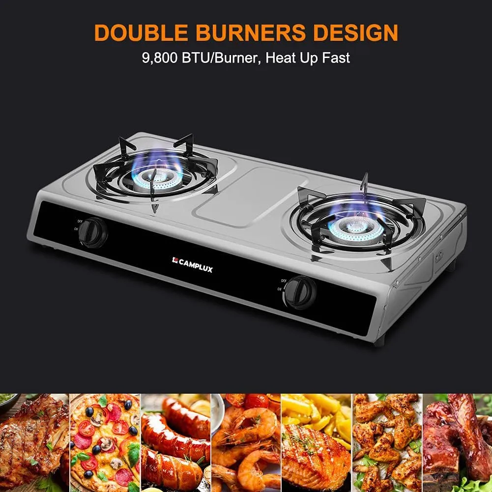 Camplux Camping Stove 2 Burners 19,600 BTU, Stainless Steel Gas Stove with Auto Ignition