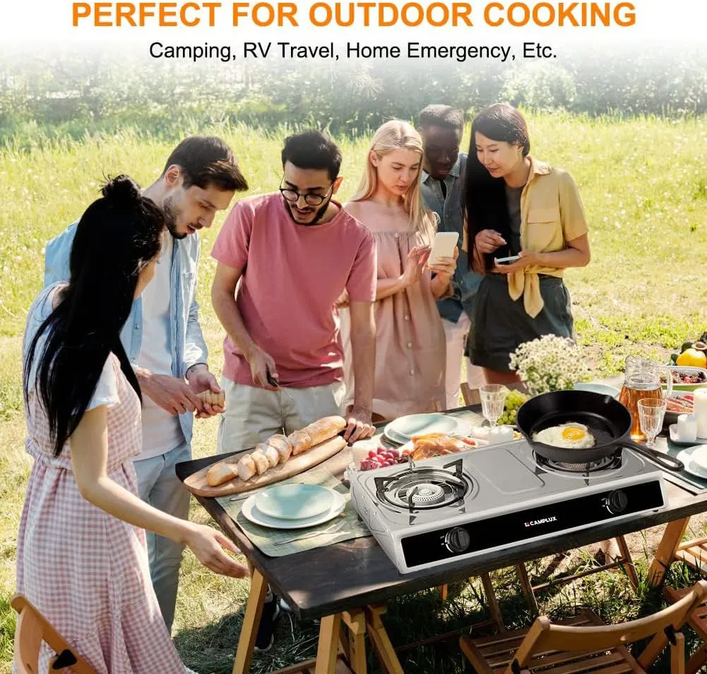 Camplux Camping Stove 2 Burners 19,600 BTU, Stainless Steel Gas Stove with Auto Ignition