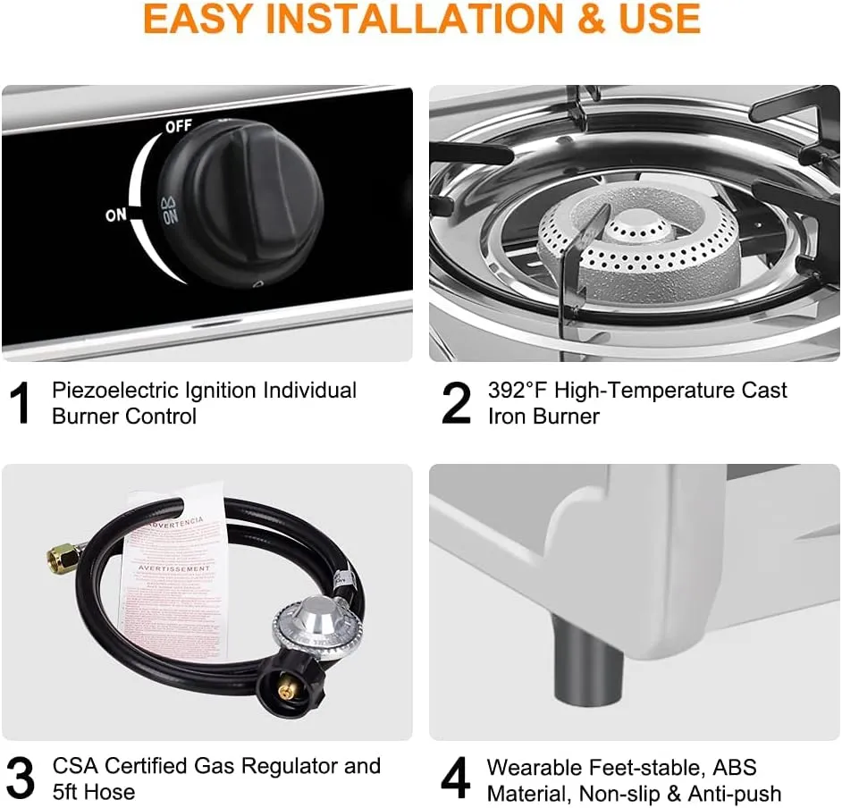Camplux Camping Stove 2 Burners 19,600 BTU, Stainless Steel Gas Stove with Auto Ignition