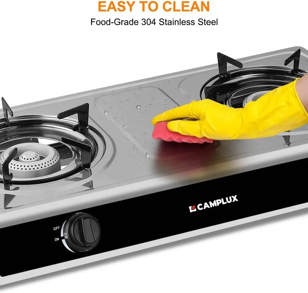 Camplux Camping Stove 2 Burners 19,600 BTU, Stainless Steel Gas Stove with Auto Ignition