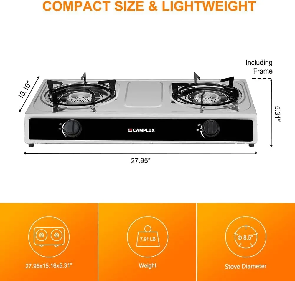 Camplux Camping Stove 2 Burners 19,600 BTU, Stainless Steel Gas Stove with Auto Ignition