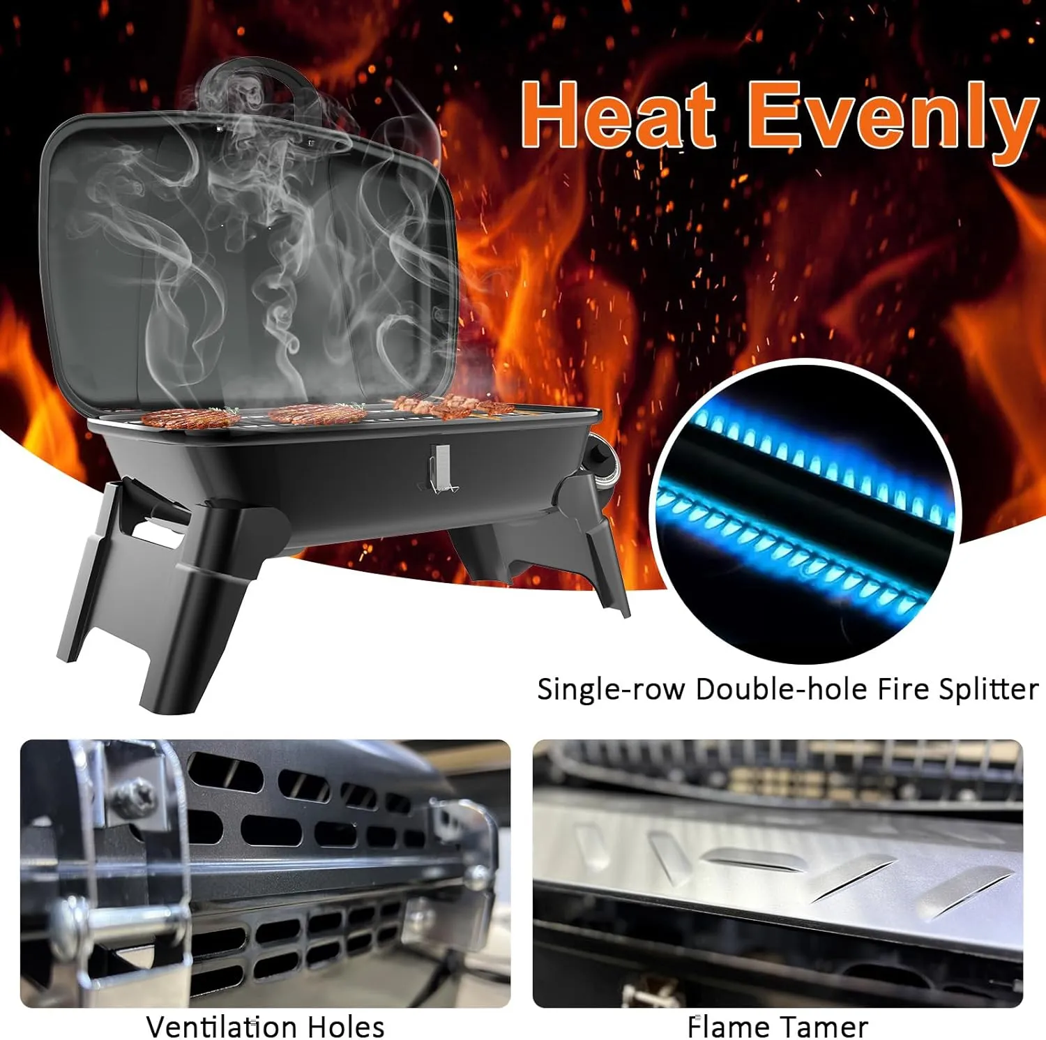 CAMPLUX Small Propane Grill 10,000 BTU, Portable Propane Grills 189 Square Inches, BBQ Tabletop Gas Grill for Camping, Picnic, RV Travel, Outdoor Cooking, Black