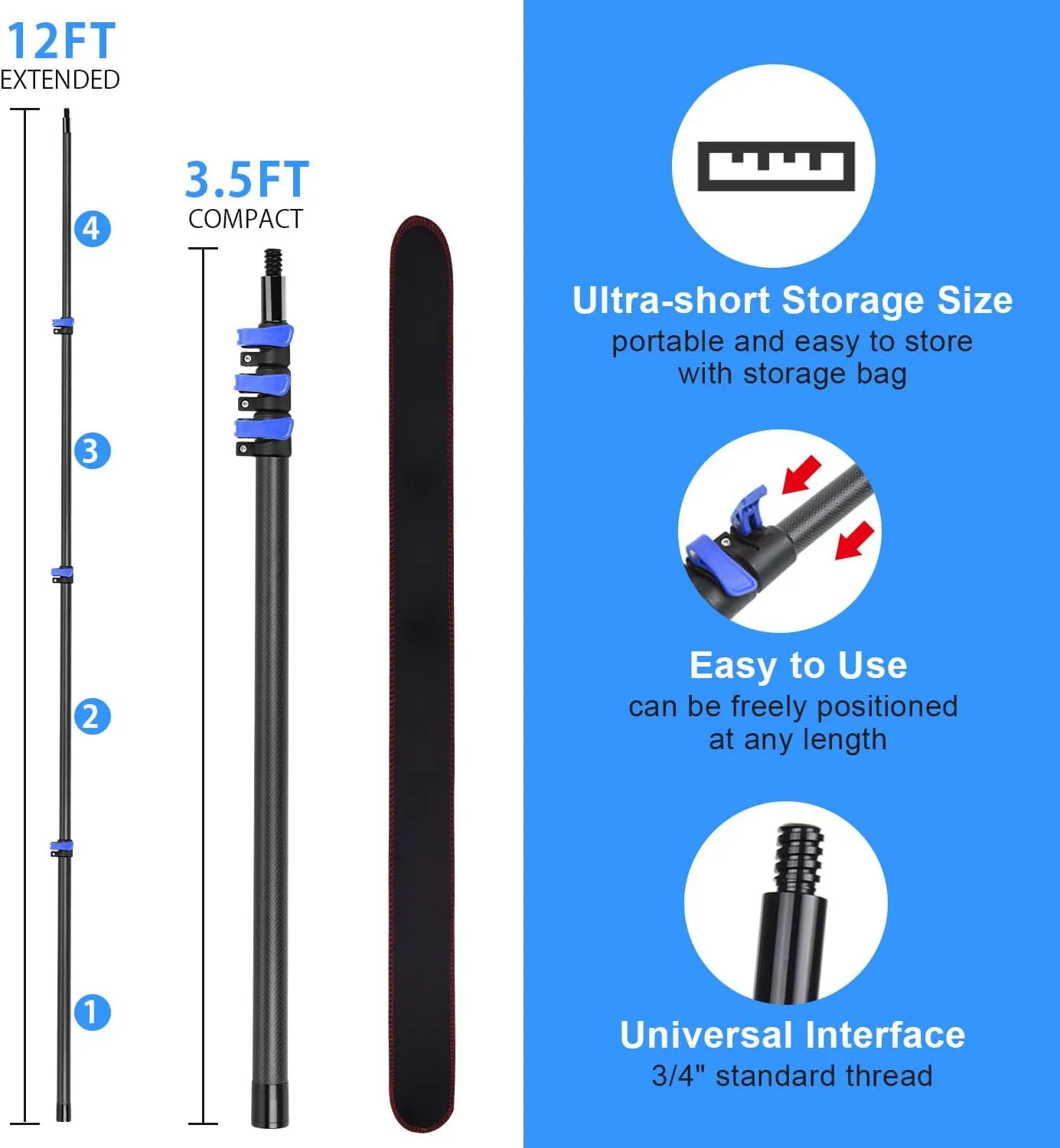 Carbon Fiber Extension Pole 3.5-12FT Telescoping Paint Roller Extendable Pole Lightweight Sturdy Extension Poles with Universal Threaded Head Multi-Use Pole