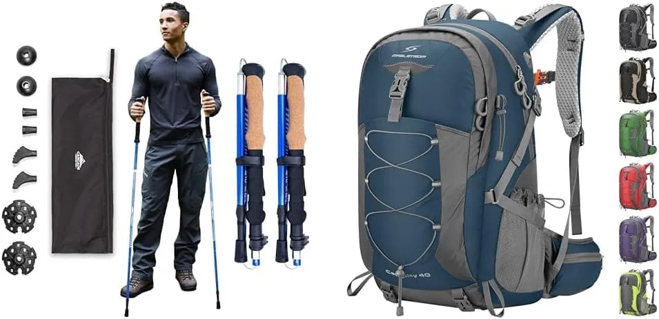 Cascade Mountain Tech Trekking Poles and Maelstrom 40L Hiking Backpack with Rain Cover