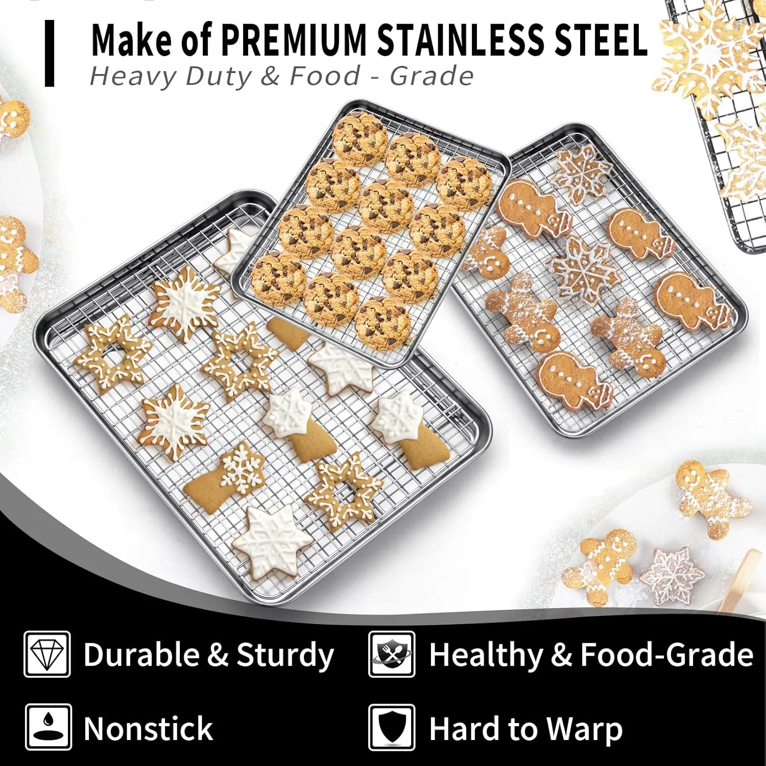 CEKEE Baking Sheet with Wire Rack Set of 6 (3 Cookie Sheets for baking   3 Cooking Racks), Stainless Steel Stainless Steel Baking Pans Set with Cooling Rack - Heavy Duty & Dishwasher Safe