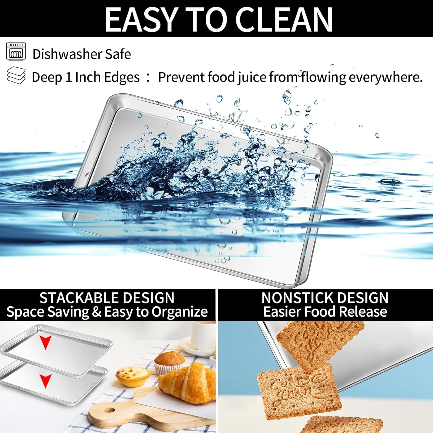CEKEE Baking Sheet with Wire Rack Set of 6 (3 Cookie Sheets for baking   3 Cooking Racks), Stainless Steel Stainless Steel Baking Pans Set with Cooling Rack - Heavy Duty & Dishwasher Safe