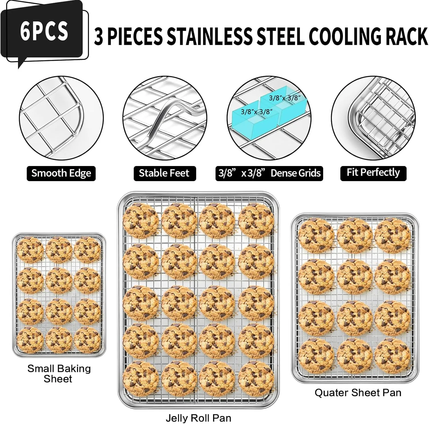 CEKEE Baking Sheet with Wire Rack Set of 6 (3 Cookie Sheets for baking   3 Cooking Racks), Stainless Steel Stainless Steel Baking Pans Set with Cooling Rack - Heavy Duty & Dishwasher Safe