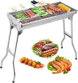 Charcoal Camping Folding Barbecue Portable Barbecue Grill Stainless Steel Grill Smoker Barbecue for 5-10 People Family Garden Outdoor Kitchen Hiking Picnic Picnic Party (Silver 76x (Silver 76x35x18cm)