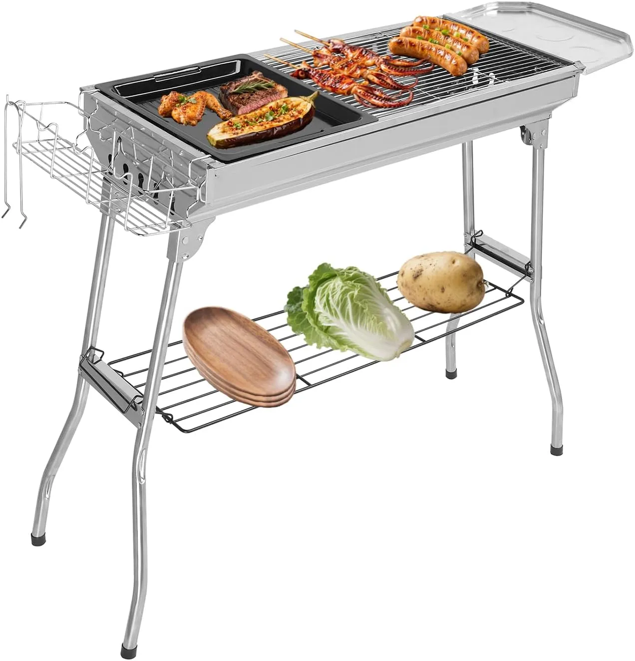 Charcoal Grills, Folding Portable Bbq Grill Multifunctional Stainless Steel For Outdoor Camping， Backyard Party，Seaside