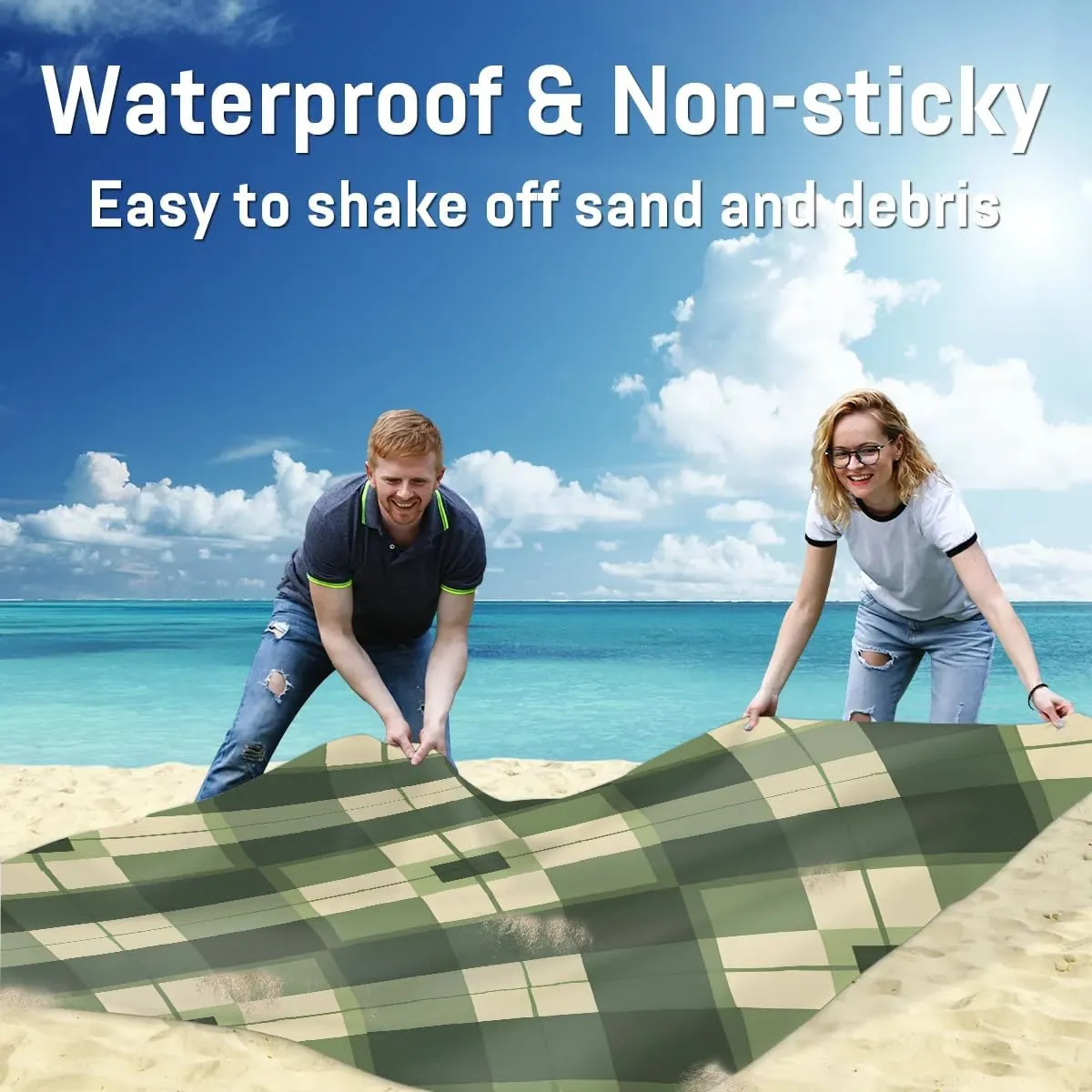 Checkered Beach Blanket, Sandproof Beach Mat, 68 x 59 Waterproof Quick Drying Sand Free Mat with 4 x Ground Spikes for Outdoor Travel Camping Hiking, Sage Green Modern