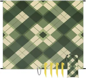 Checkered Beach Blanket, Sandproof Beach Mat, 68 x 59 Waterproof Quick Drying Sand Free Mat with 4 x Ground Spikes for Outdoor Travel Camping Hiking, Sage Green Modern
