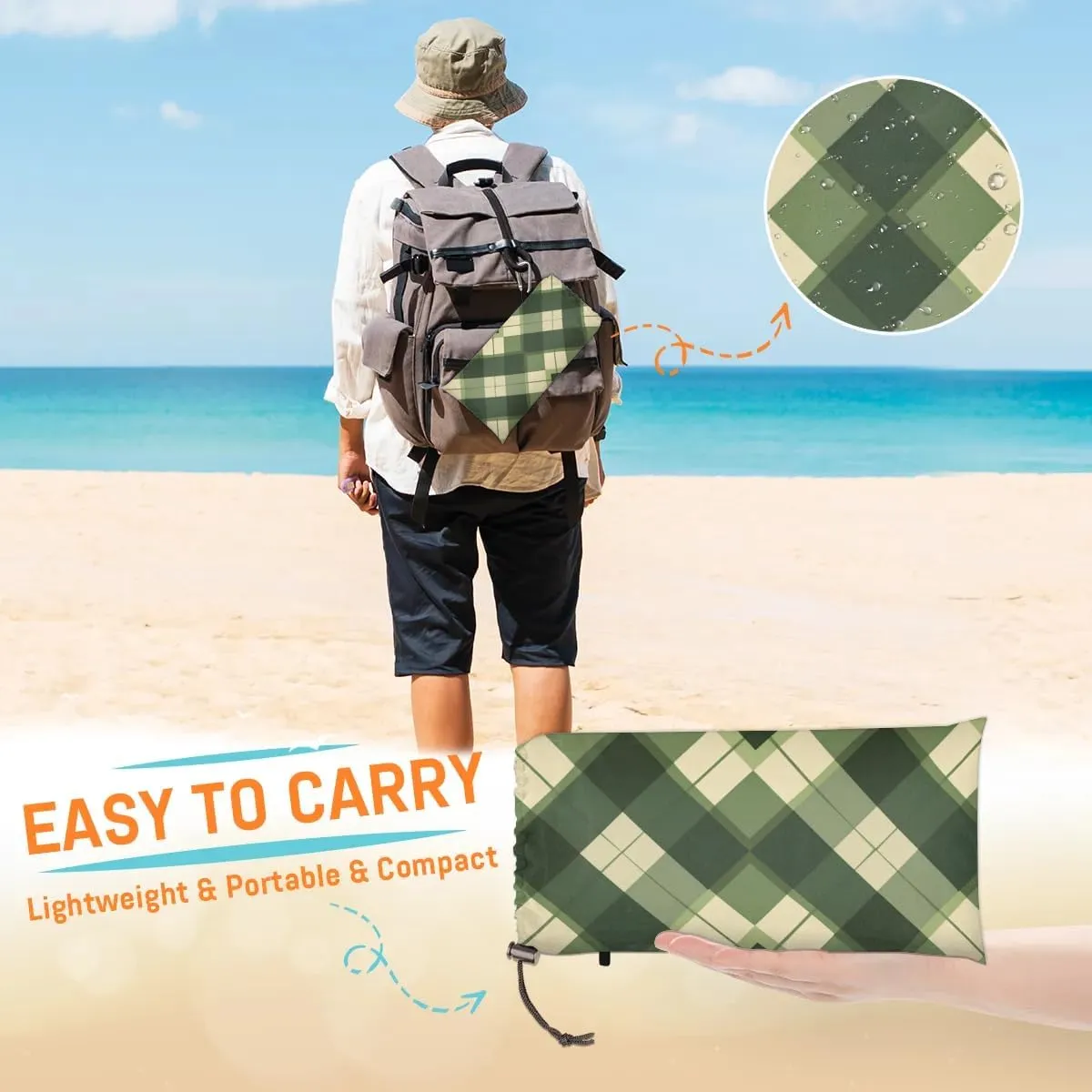 Checkered Beach Blanket, Sandproof Beach Mat, 68 x 59 Waterproof Quick Drying Sand Free Mat with 4 x Ground Spikes for Outdoor Travel Camping Hiking, Sage Green Modern