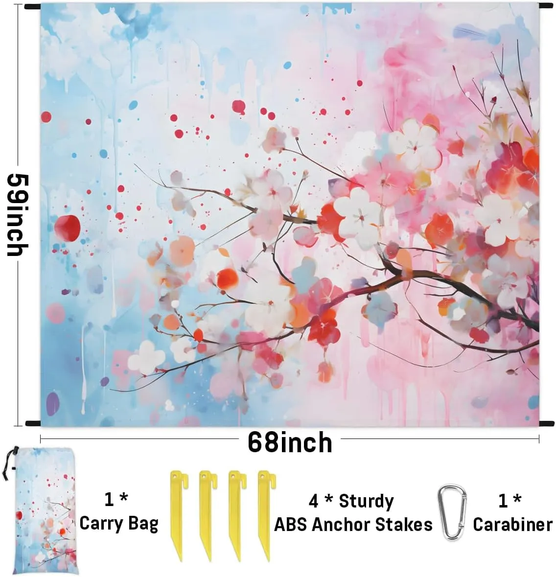 Cherry Blossoms Beach Blanket, Sandproof Beach Mat, 68 x 59 Waterproof Quick Drying Sand Free Mat with 4 x Ground Spikes for Outdoor Travel Camping Hiking, Summer Cherry Blossoms