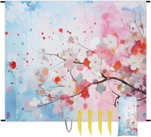 Cherry Blossoms Beach Blanket, Sandproof Beach Mat, 68 x 59 Waterproof Quick Drying Sand Free Mat with 4 x Ground Spikes for Outdoor Travel Camping Hiking, Summer Cherry Blossoms
