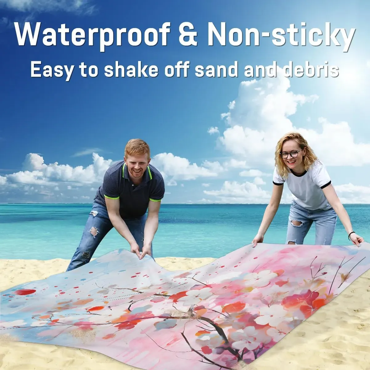Cherry Blossoms Beach Blanket, Sandproof Beach Mat, 68 x 59 Waterproof Quick Drying Sand Free Mat with 4 x Ground Spikes for Outdoor Travel Camping Hiking, Summer Cherry Blossoms