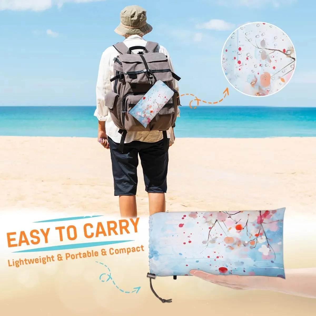 Cherry Blossoms Beach Blanket, Sandproof Beach Mat, 68 x 59 Waterproof Quick Drying Sand Free Mat with 4 x Ground Spikes for Outdoor Travel Camping Hiking, Summer Cherry Blossoms