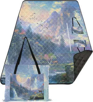 CHIFIGNO Artistic Painting Deer Landscape Cute Picnic Essentials Foldable Oversized Beach Blanket Waterproof Outdoor Camping Grass Mat 80" x 60"