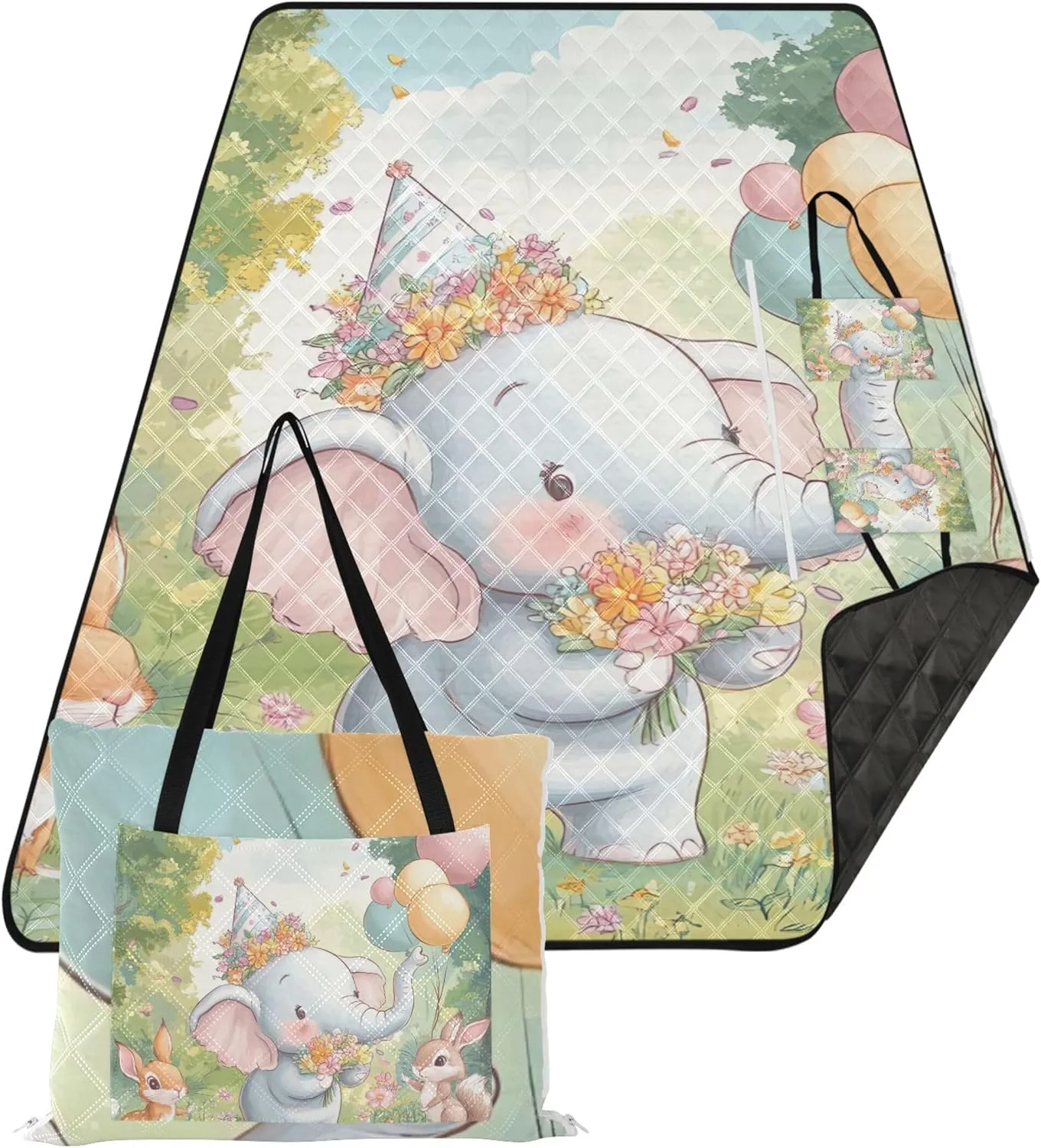 CHIFIGNO Cute Elephant Party Balloon Beach Mat Waterproof Sandproof Outdoor Playmat Camping Blanket Picnic Supplies Foldable Mat 80" x 60"