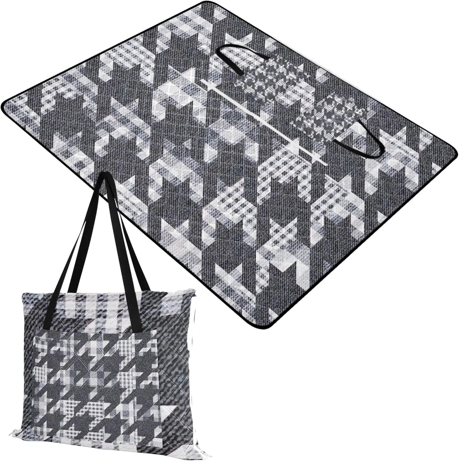 CHIFIGNO Denim Houndstooth Plaid Grey Waterproof Beach Blanket Sandproof Outdoor Camping Grass Mat Picnic Accessories Foldable 80" x 60"
