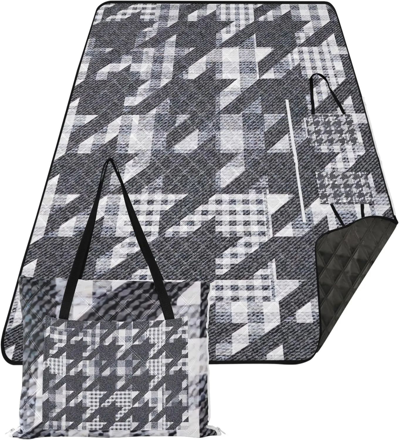 CHIFIGNO Denim Houndstooth Plaid Grey Waterproof Beach Blanket Sandproof Outdoor Camping Grass Mat Picnic Accessories Foldable 80" x 60"
