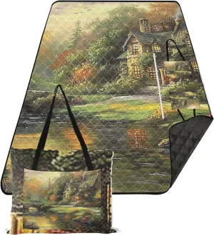 CHIFIGNO Painting House Cottage Scenery Foldable Picnic Mat Cute Beach Mat Waterproof Sandproof Packable Camping Blanket 80" x 60"