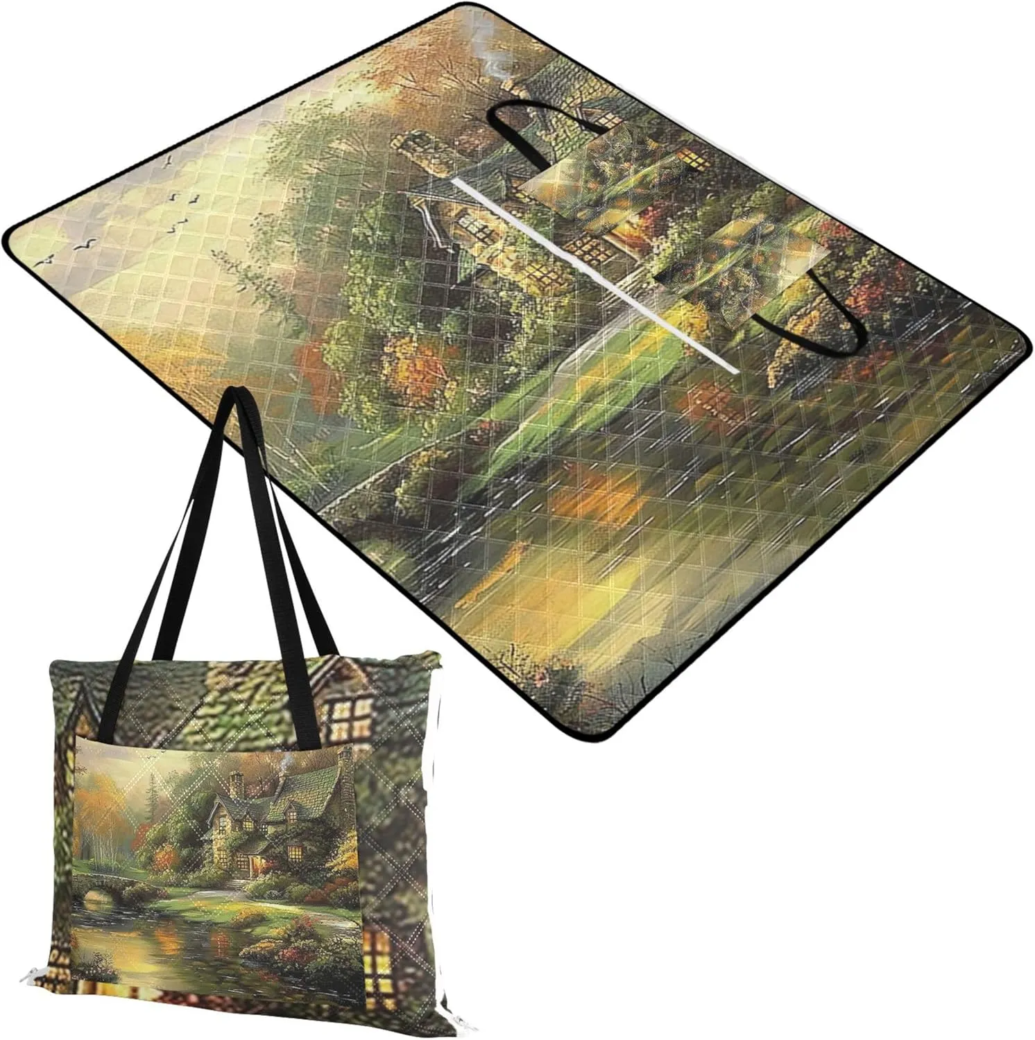 CHIFIGNO Painting House Cottage Scenery Foldable Picnic Mat Cute Beach Mat Waterproof Sandproof Packable Camping Blanket 80" x 60"
