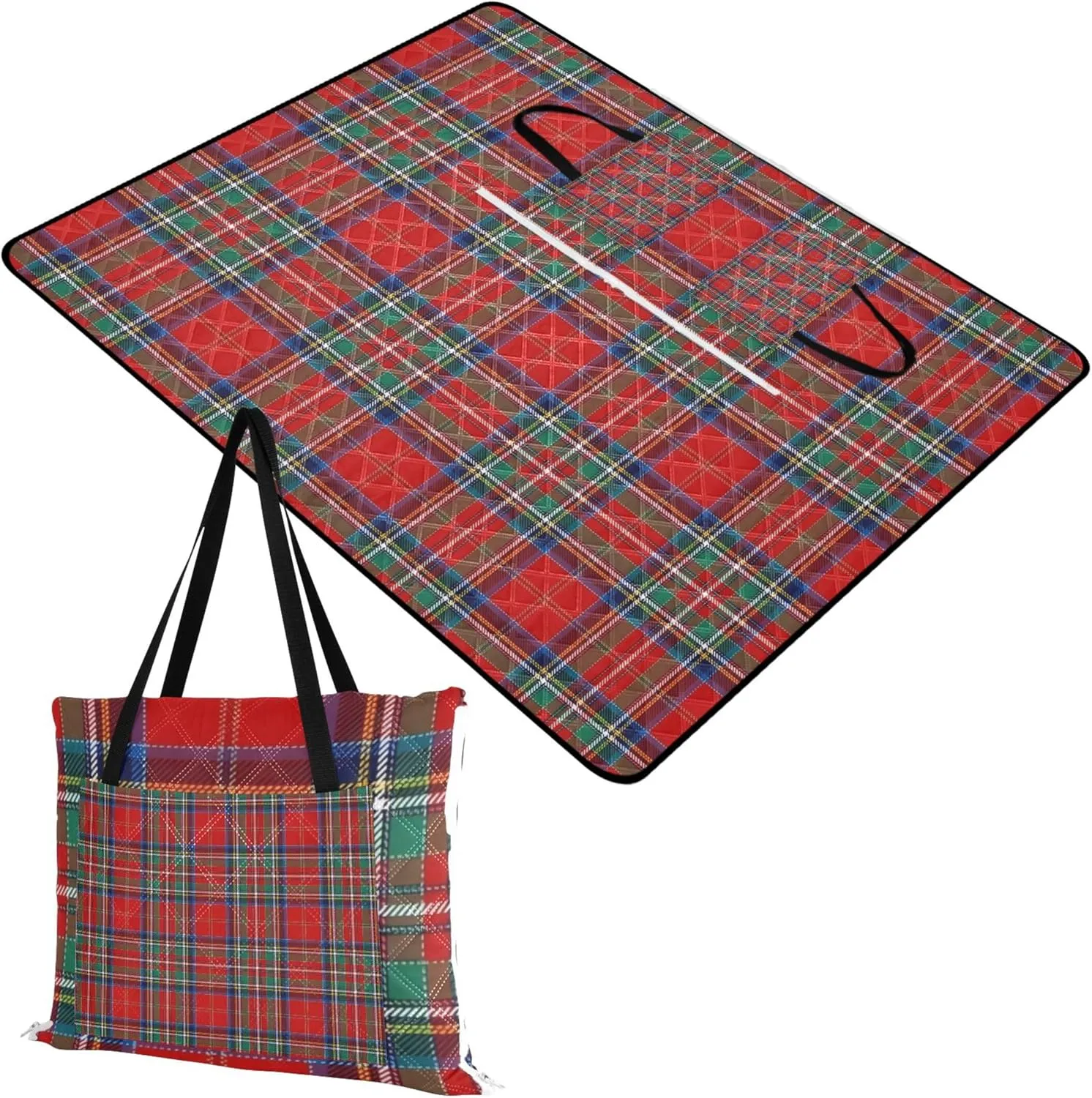 CHIFIGNO Tartan Plaid Check Blue Large Mat Picnic Blanket Cute Waterproof Beach Blanket Oversized Lawn Blanket for Grass Mat 80" x 60"