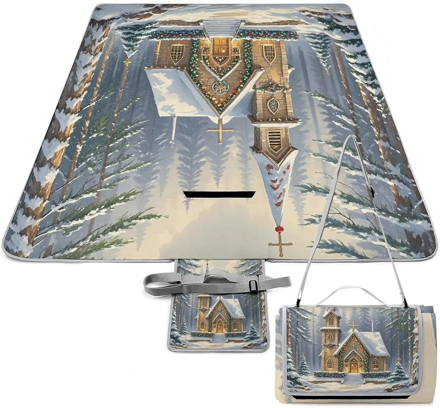 Church in The Forest Picnic Blanket Outdoor, Oversized Beach Blanket, Foldable Lightweight Waterproof Sand Cushion Suitable for Beaches, Camping Grasslands Mat