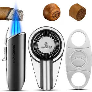Cigar Cutter and Lighter Ashtray 3 Pieces Set, Stainless Steel Sharp Cigar Cutter & Triple Jet Flame Lighter with Punch & Travel Single Cigar Ashtray (Silver) Gifts for Men