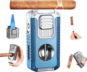 Cigar Lighter Triple Jet Flame Refillable Butane Torch Lighter with V Cutter Cigar Holder, Cigar Punch and Cigar Draw Enhancer for Smoking,Cigar Gift for Men (Blue)
