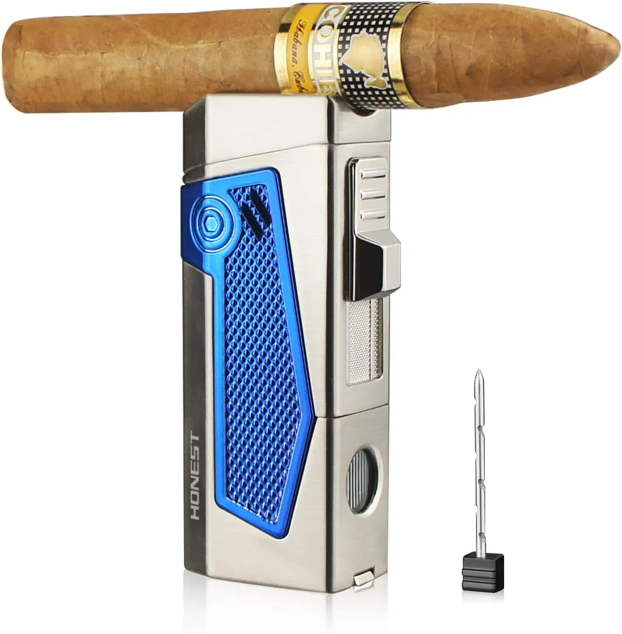 Cigar Torch Lighter with Cigar Stand on Top Four Jet Flame Butane Refillable Cigar Lighter with Punch(Grey)