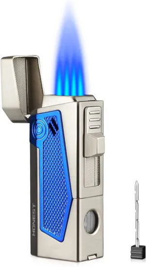 Cigar Torch Lighter with Cigar Stand on Top Four Jet Flame Butane Refillable Cigar Lighter with Punch(Grey)