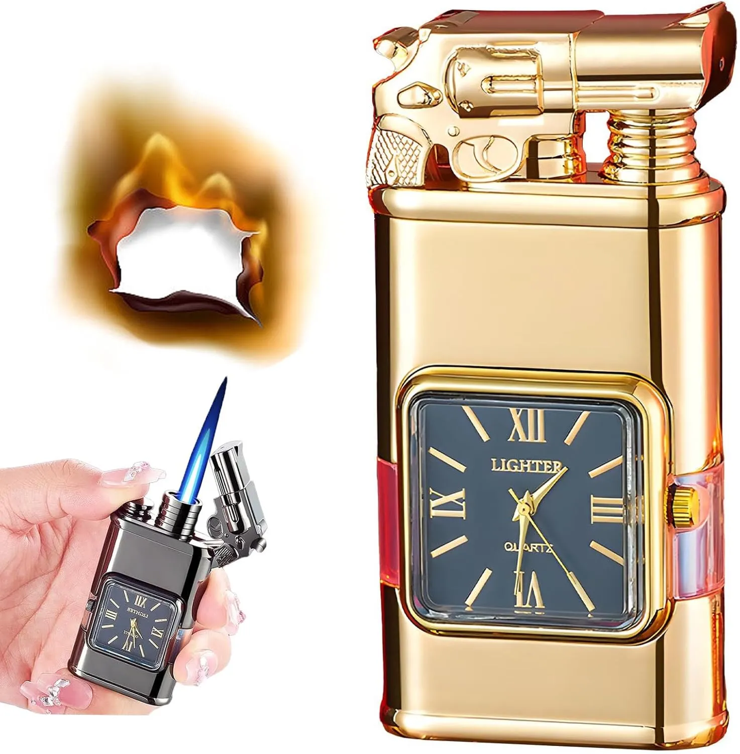 Cithway Windproof Dual-Flame Vintage Watch Lighter,2025 New Windproof Lighter Vintage Watch Bezel Jet Flame Torch(Gold-E)