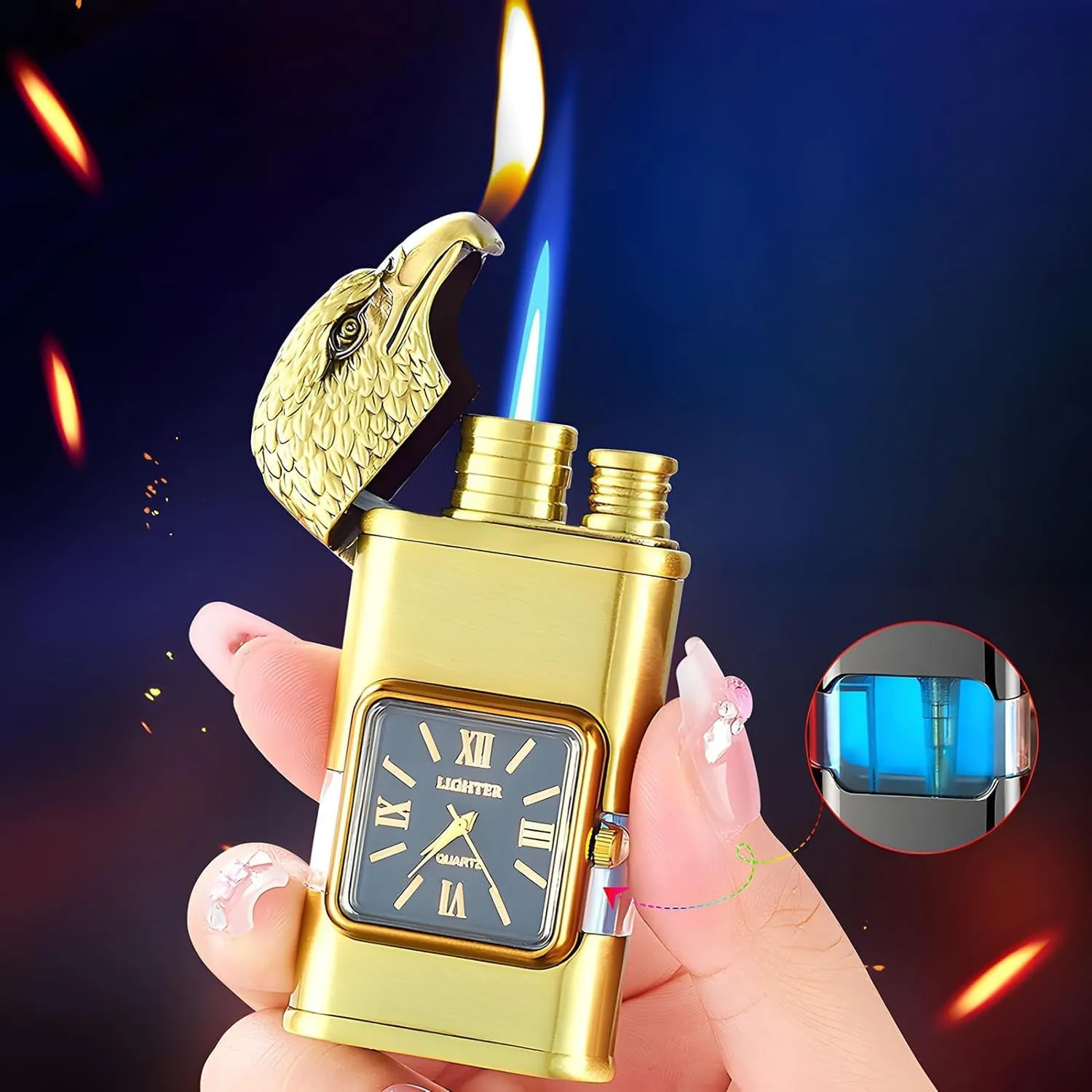 Cithway Windproof Dual-Flame Vintage Watch Lighter,2025 New Windproof Lighter Vintage Watch Bezel Jet Flame Torch(Gold-E)