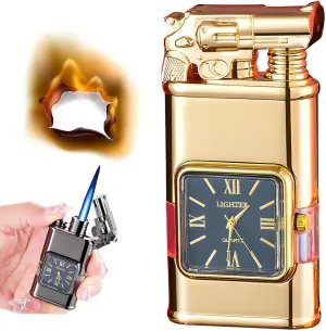 Cithway Windproof Dual-Flame Vintage Watch Lighter,2025 New Windproof Lighter Vintage Watch Bezel Jet Flame Torch(Gold-E)