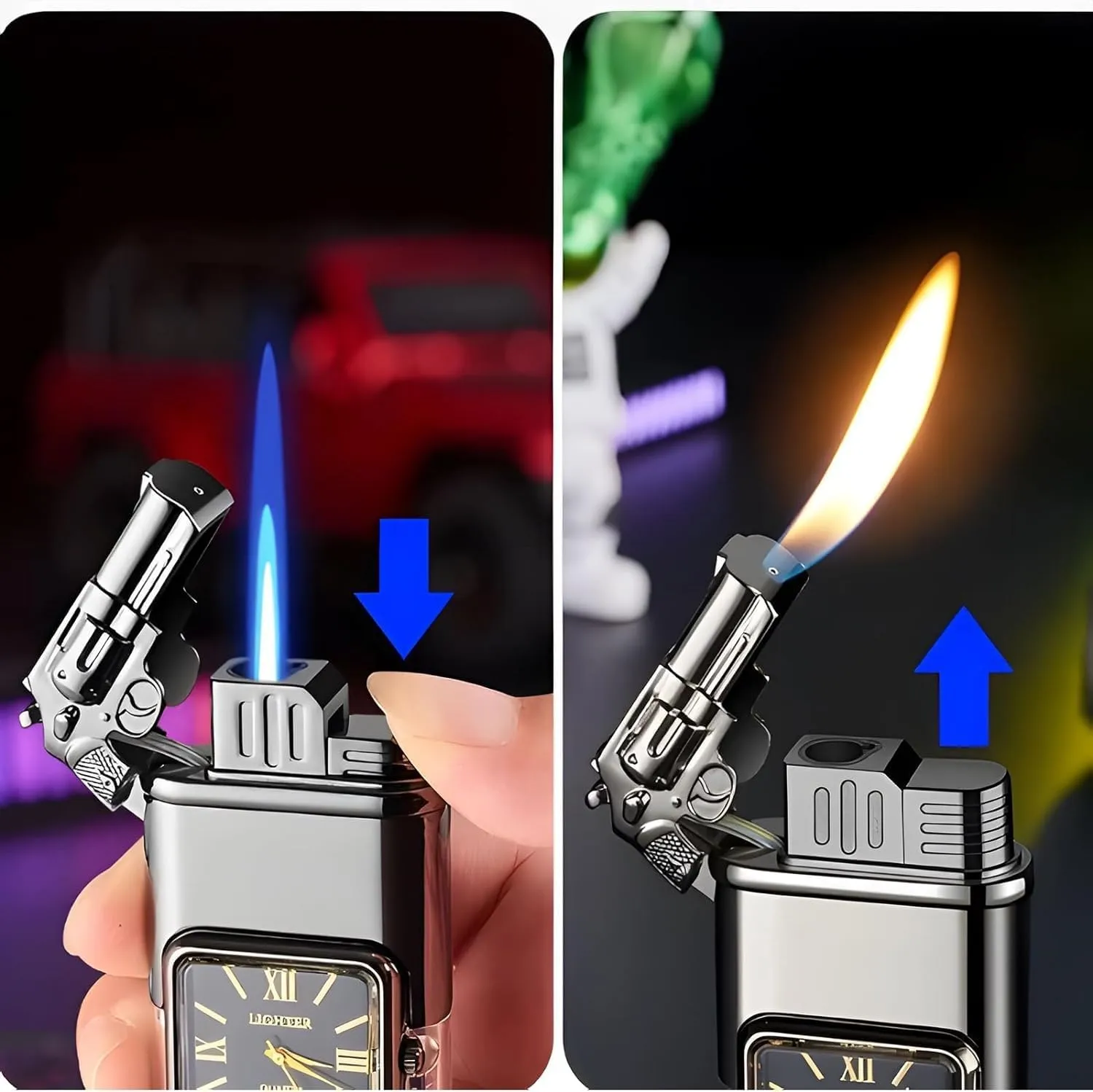 Cithway Windproof Dual-Flame Vintage Watch Lighter,2025 New Windproof Lighter Vintage Watch Bezel Jet Flame Torch(Gold-E)