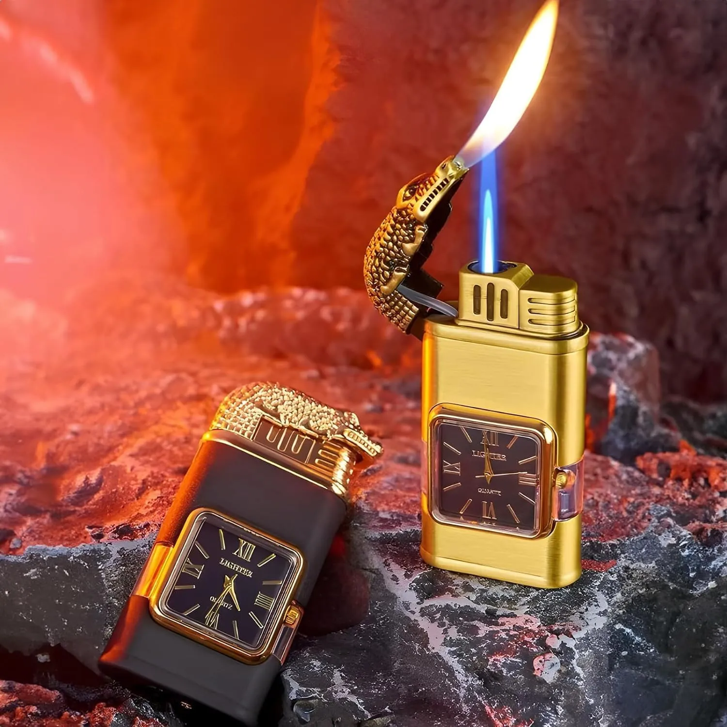 Cithway Windproof Dual-Flame Vintage Watch Lighter,2025 New Windproof Lighter Vintage Watch Bezel Jet Flame Torch(Gold-E)
