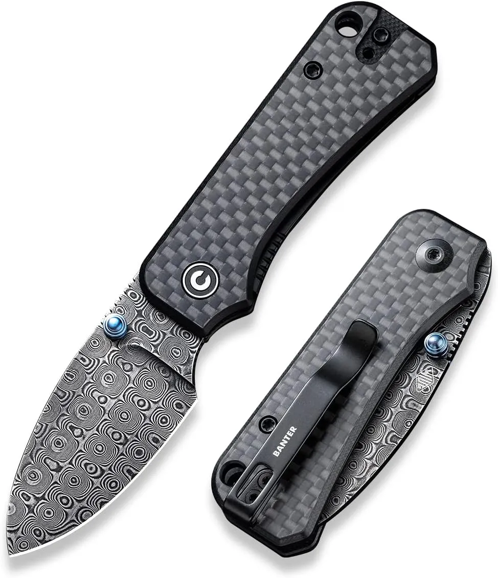 CIVIVI Small Pocket Knife for EDC, Ben Petersen Folding Knife Baby Banter with 2.34" Damascus Blade Carbon Fiber Overlay on G10 Handle, Titanium Thumb Stud Opener C19068S-DS1