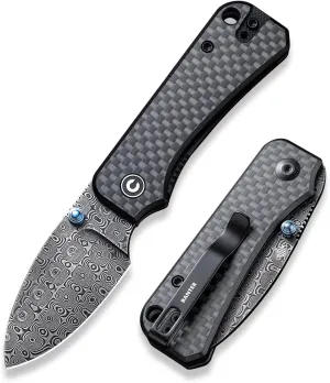 CIVIVI Small Pocket Knife for EDC, Ben Petersen Folding Knife Baby Banter with 2.34" Damascus Blade Carbon Fiber Overlay on G10 Handle, Titanium Thumb Stud Opener C19068S-DS1