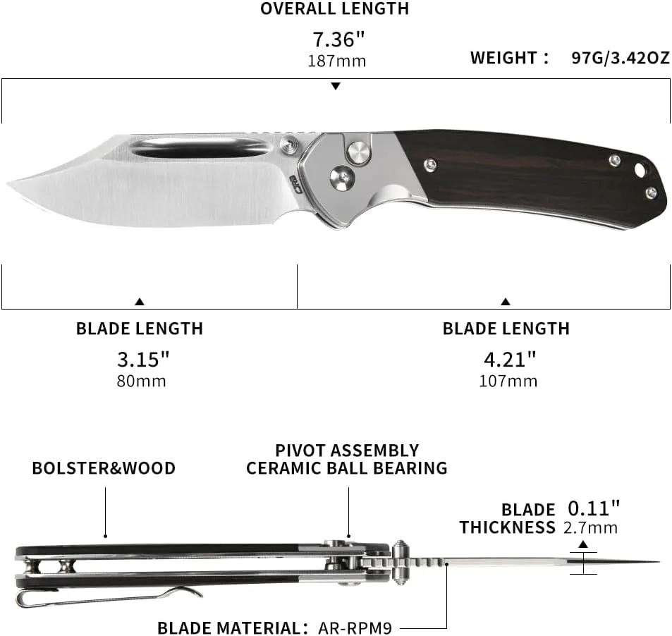 CJRB Bowie Pyrite Pocket Knife, EDC Knife, Folding Knife with 3.15'' AR-RPM9 Steel Blade, Hunting Knife with Wood Handle for Camping, Survival - Suitable for Men & Women - J1942 Ebony, J1942-EBN