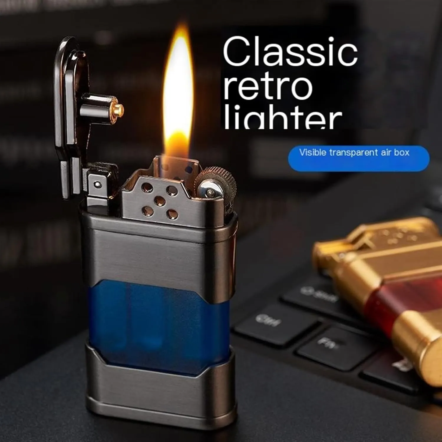 Classic Butane Lighter, refillable Windproof Lighter, Transparent Body, Reusable Retro Lighter, Birthday Gift for Men dad Husband(C)