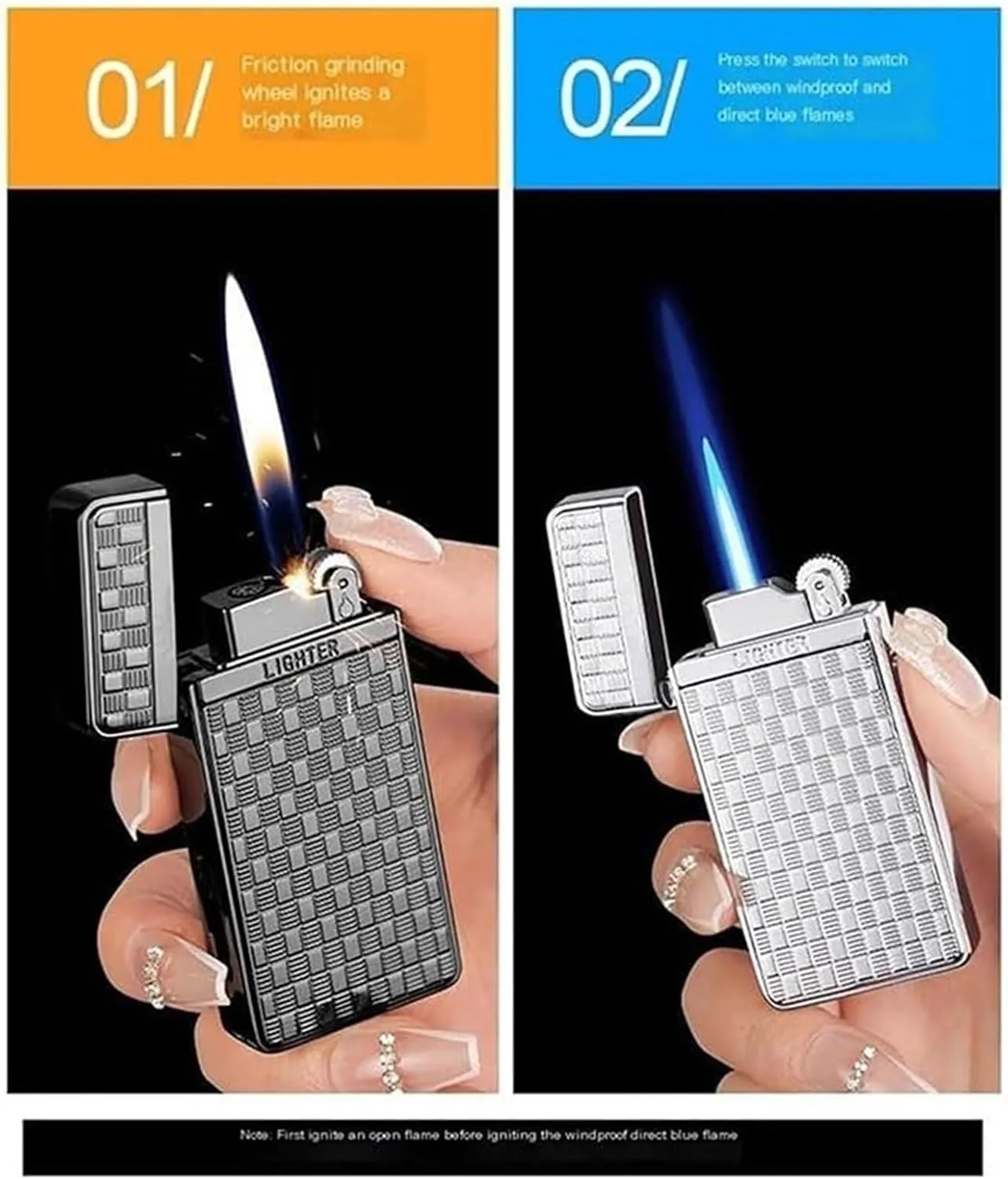 Classic flip top old-fashioned grinding wheel butane lighters, dual flame, open flame, jet flame switchable, windproof, adjustable flame, refillable gas, portable lighter with visible gas window (fuel