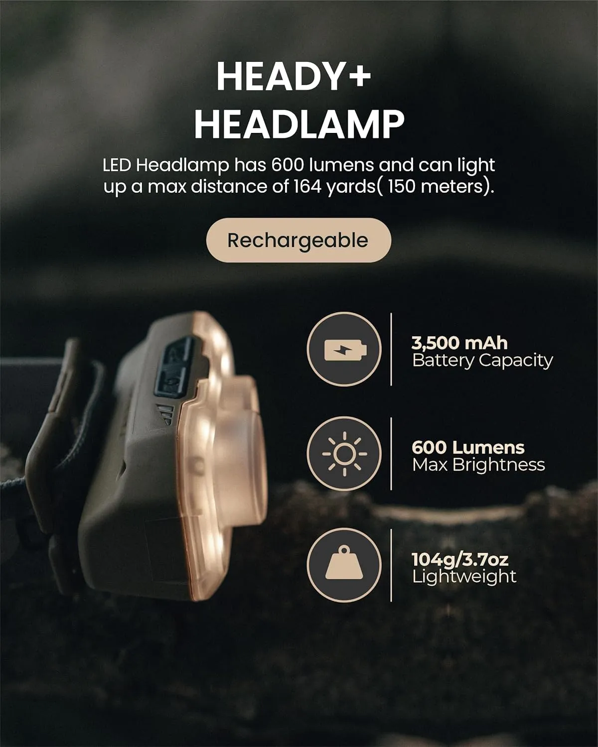 Claymore Heady  (Khaki) - Rechargeable LED Headlamp Flashlight, Lightweight for Camping, Running, Hiking, Emergency & Industrial Use. Waterproof, USB-C Charging, Up to 70 Hours Battery Life.
