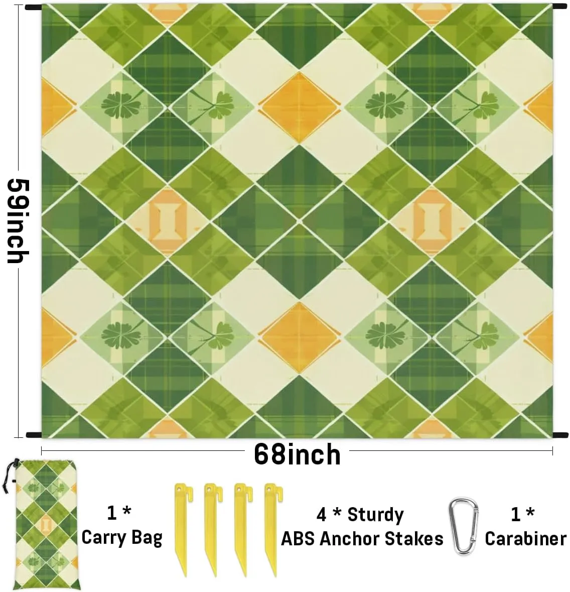 Clover Buffalo Plaid Beach Blanket, Sandproof Beach Mat, Adults Waterproof Quick Drying Sand Free Mat with 4 x Ground Spikes for Outdoor Travel Camping Hiking, St.Patrick's Day